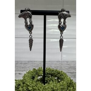 Vintage Native American Sterling Silver Bear Turquoise Heart Dangle Earrings